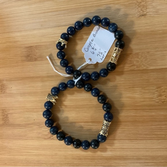 Hand Crafted Couple’s 2 Bracelets Blue Gemstone Pave King Queen Crown Rhinestone - Picture 8 of 11